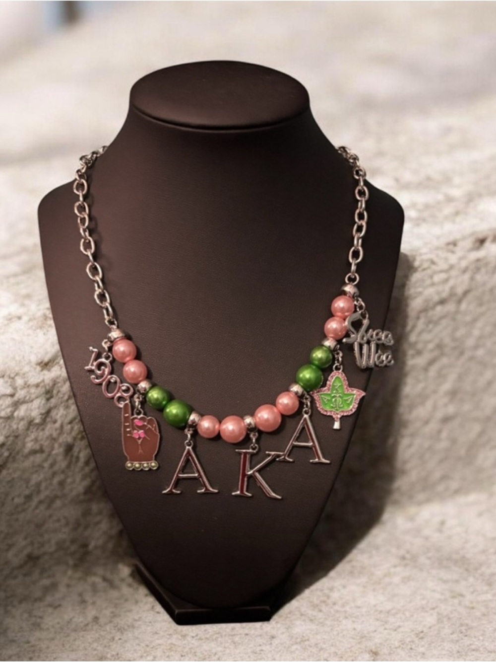 AKA Pink and Green Beaded Charm Necklace